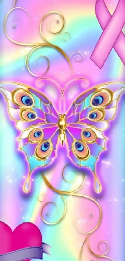 Colorful butterfly with pastel rainbow background and elegant swirls.