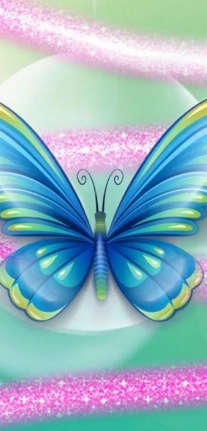 Vibrant butterfly on green and pink background.