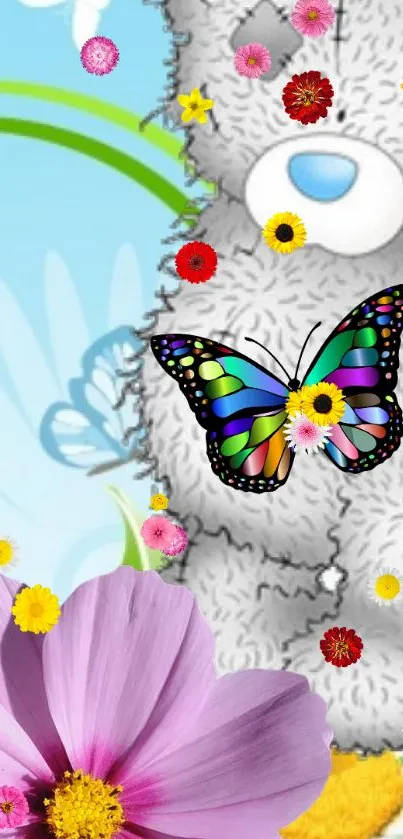 Colorful butterfly and bear with flowers on phone wallpaper.