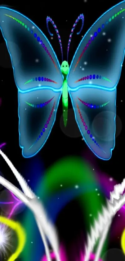 Neon butterfly on black background with colorful accents.