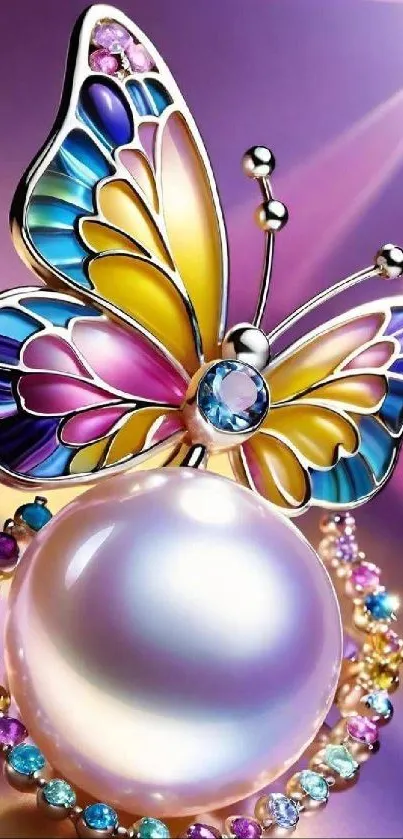 Colorful jeweled butterfly on pearl mobile wallpaper.