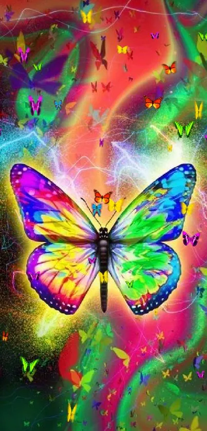 Colorful butterfly with rainbow hues on a vibrant phone wallpaper background.