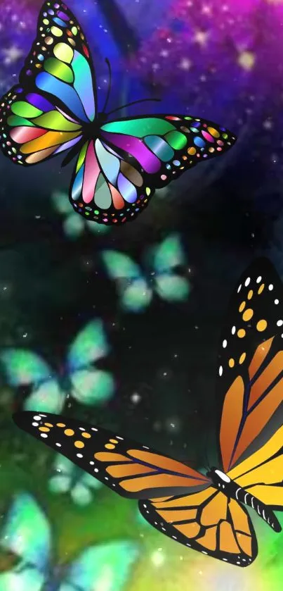 Colorful butterflies on a cosmic background phone wallpaper.