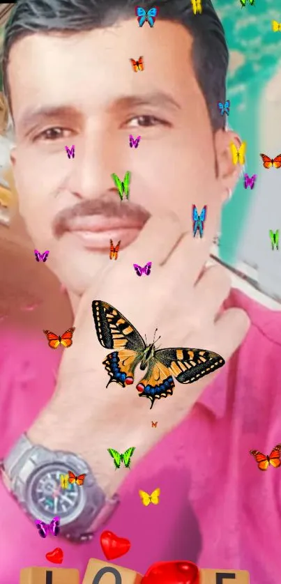 A man with colorful butterflies on a pink background.