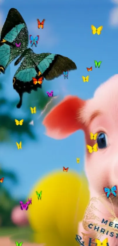 Vibrant wallpaper featuring butterflies and a cute piglet in a natural setting.