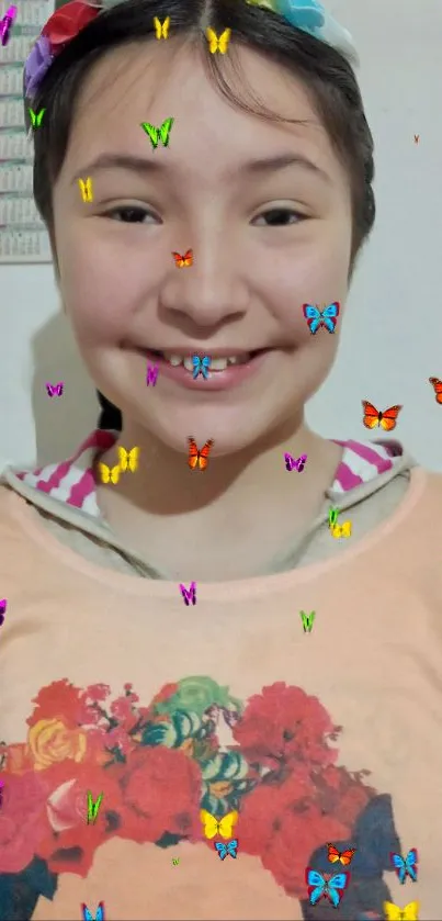 Smiling girl with colorful butterflies mobile wallpaper.