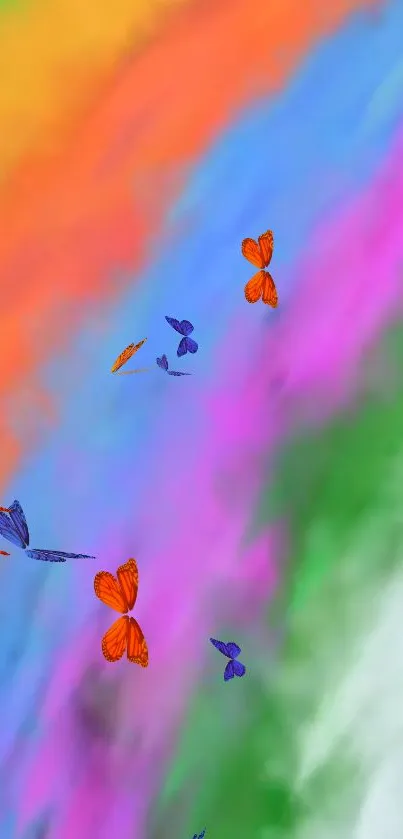 Colorful abstract wallpaper with vibrant butterflies and rainbow hues.