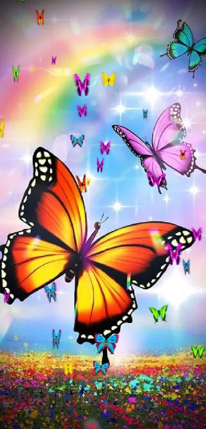 Colorful butterflies and rainbow mobile wallpaper, vibrant nature theme.