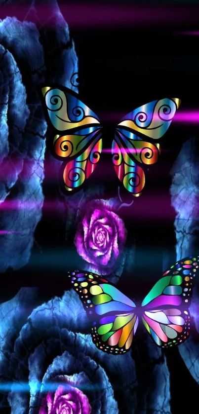 Colorful butterflies hover over neon roses on a dark background.