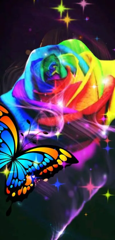 Vibrant mobile wallpaper with a rainbow rose and butterfly.