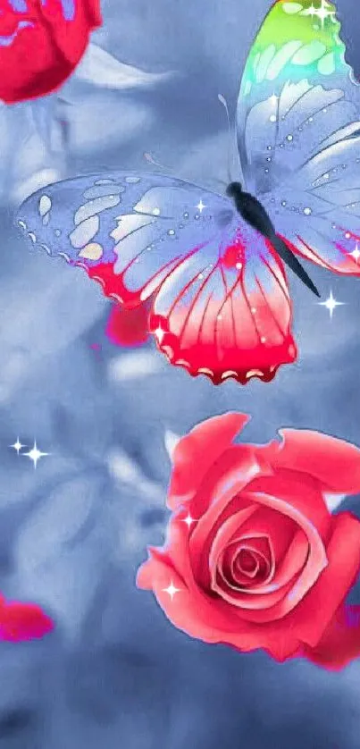 Vibrant butterfly and rose design wallpaper.