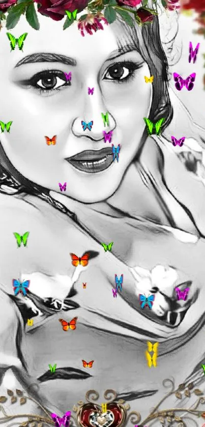 Monochrome portrait with colorful butterflies and floral accents on a mobile wallpaper.