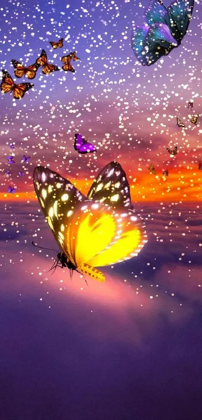 Colorful butterfly wallpaper with sunset sky and clouds.