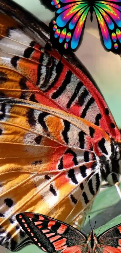 Colorful butterfly trio on green leaves wallpaper.