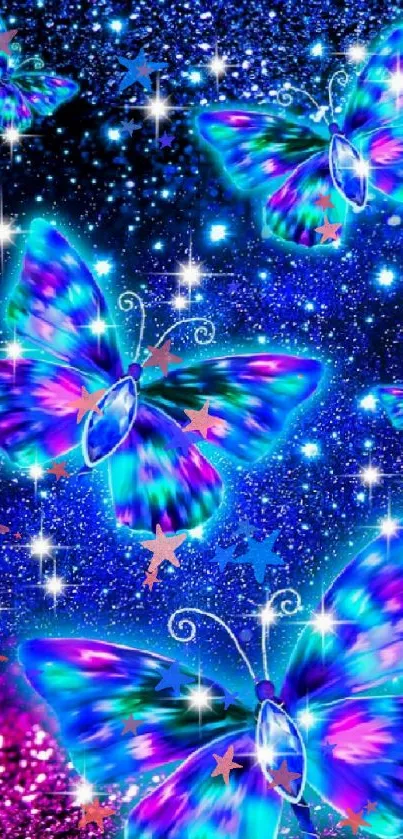 Colorful butterflies with stars on blue glittery background.