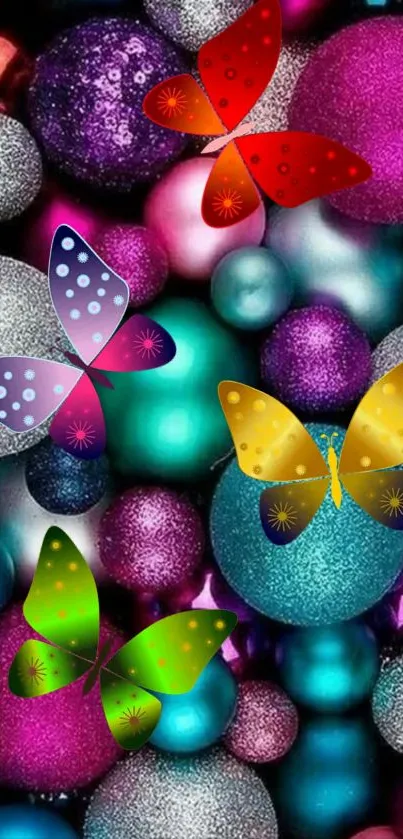 Colorful butterflies on a vibrant sphere background wallpaper.