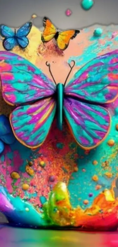 Vibrant butterfly art with colorful splashes on a grey background.