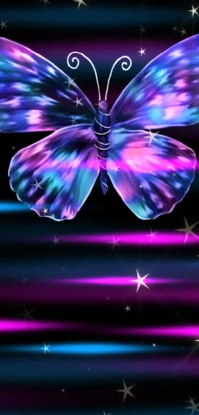 Colorful butterfly with starry black background for mobile wallpaper.