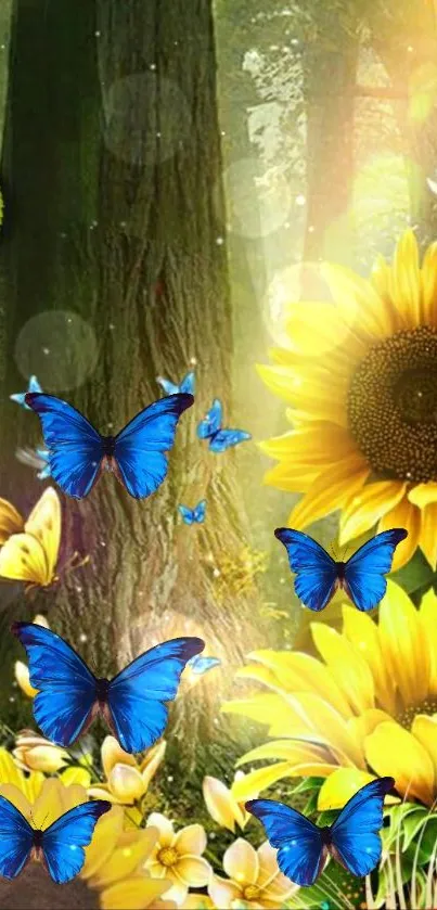 Blue butterflies amidst sunflowers with a forest backdrop