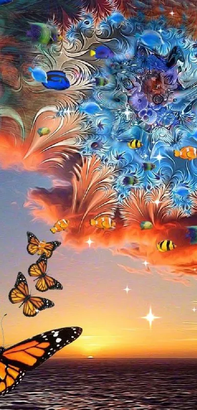 Vibrant mobile wallpaper with butterflies and a colorful sunset.