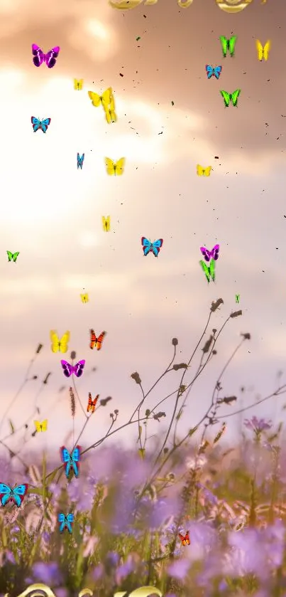 Vibrant butterflies in a sunset scene with flowers.