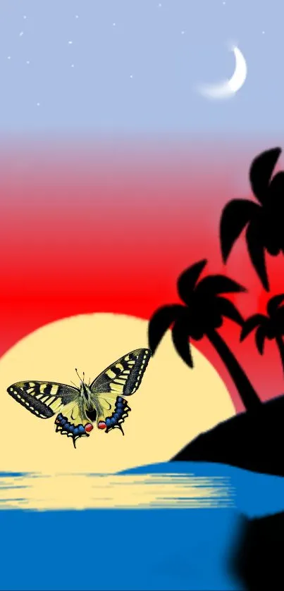 Butterfly and palm trees at vibrant sunset with crescent moon.