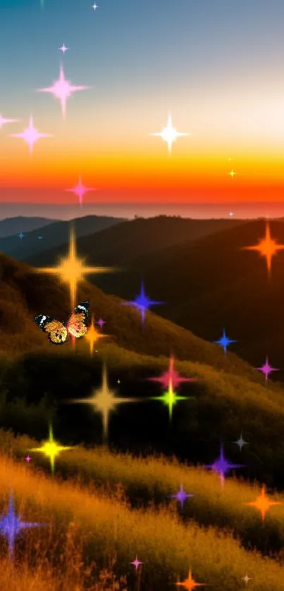 Vibrant sunset over hills with a butterfly and sparkling stars.