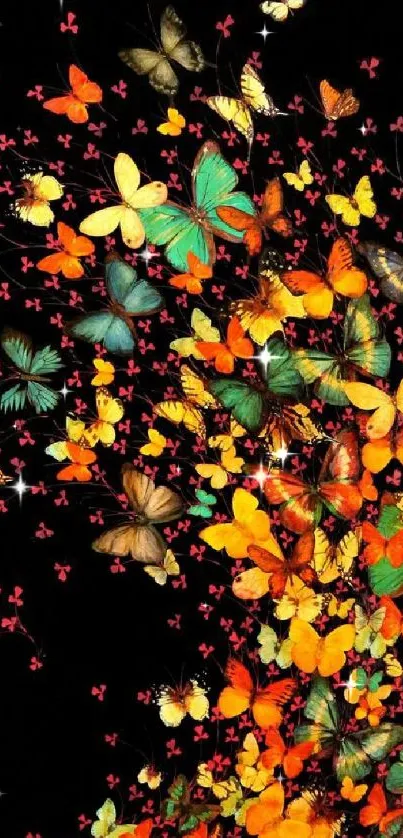 Colorful butterfly swarm on a black background.