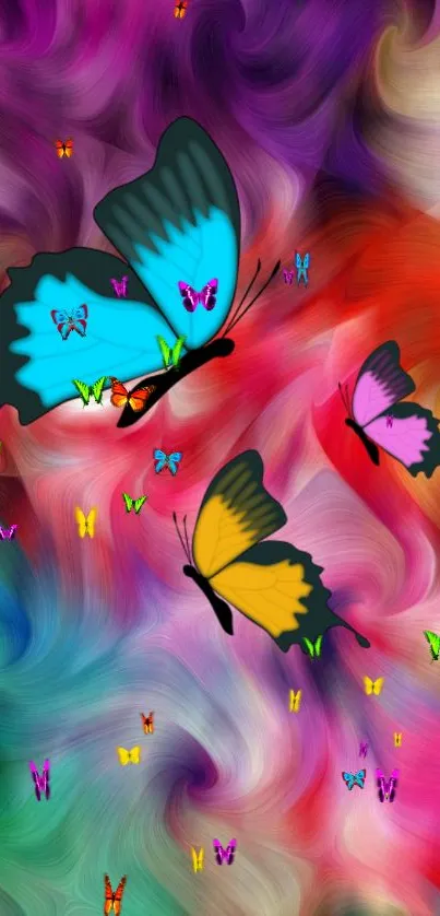 Vibrant butterfly wallpaper with colorful swirling background.