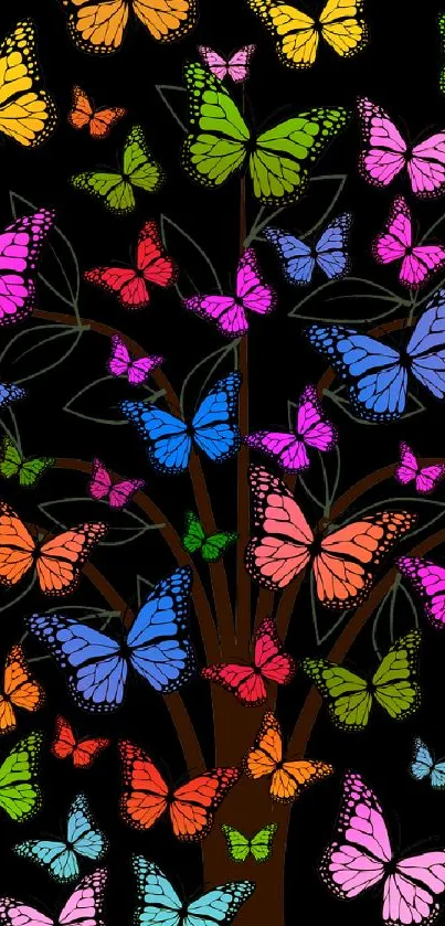 Colorful butterflies surrounding a tree on a dark background.