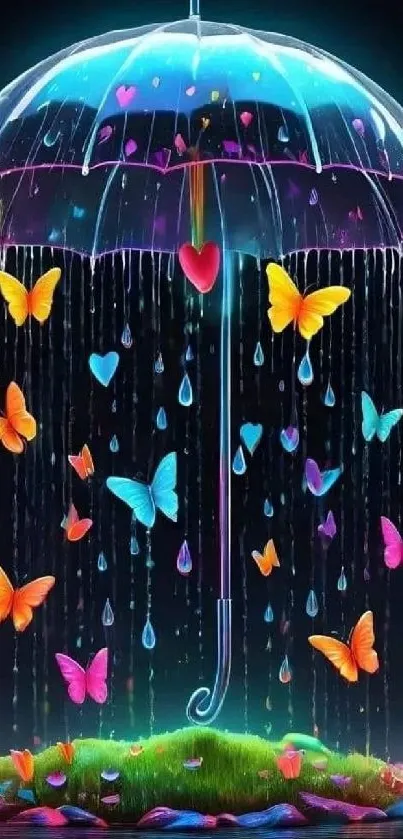 Colorful butterflies under a transparent umbrella with raindrops on mobile wallpaper.