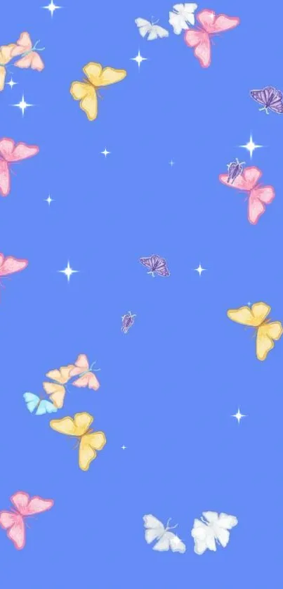 Colorful butterflies on a sky blue background.