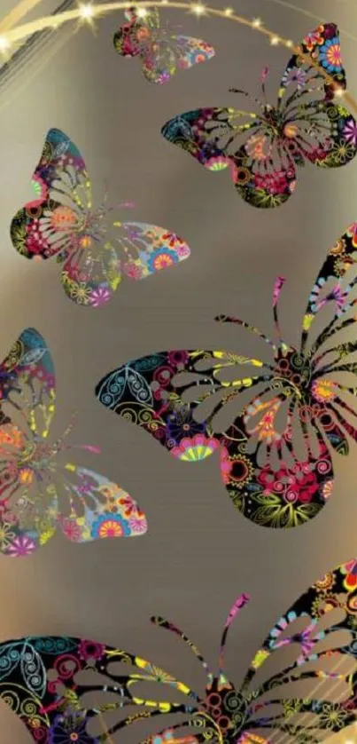 Vibrant multicolored butterflies on a gold background.