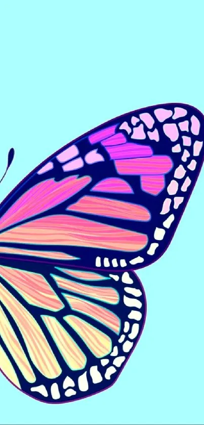 Vibrant neon butterfly with colorful wings on light blue background.