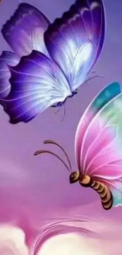 Colorful butterflies flying in a gradient sky wallpaper.