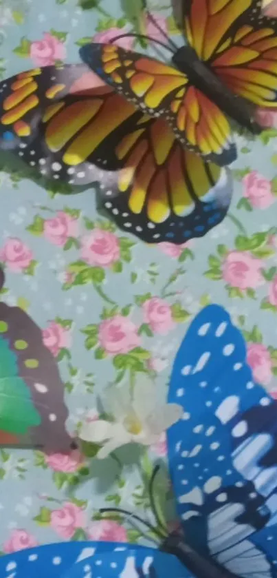 Colorful butterflies on a floral background wallpaper.