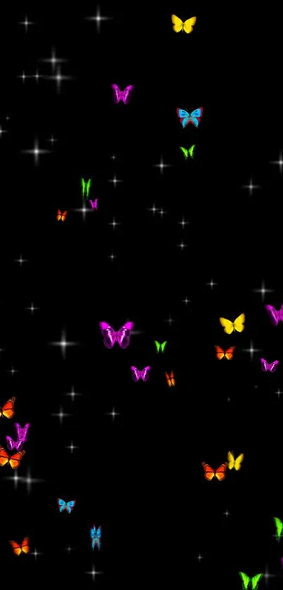 Colorful butterflies with stars on a black wallpaper.