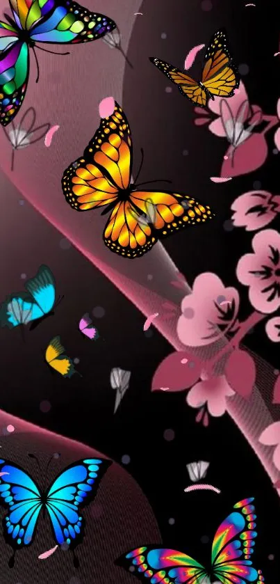 Colorful butterflies and flowers on a dark background wallpaper.