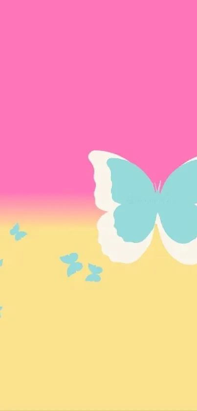 Colorful pastel butterfly design on pink and yellow background.