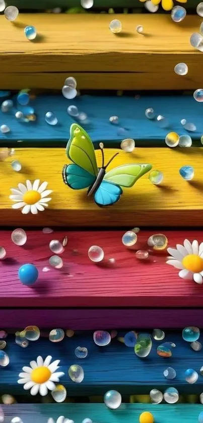 Colorful wallpaper with butterflies and flowers on wooden planks.