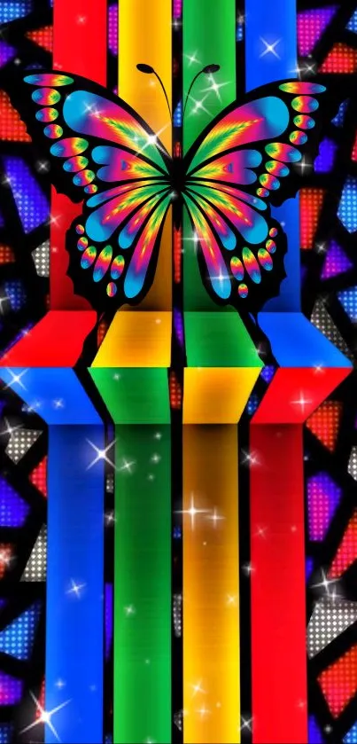 Colorful butterfly on a vibrant, striped background with sparkling effects.