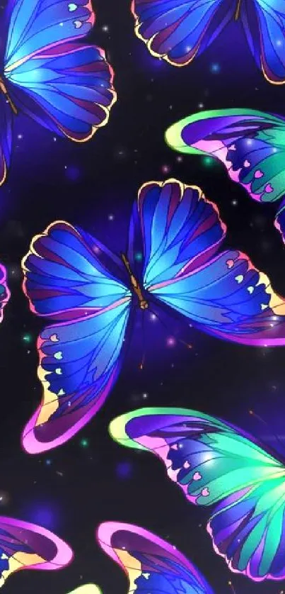 Vibrant neon butterflies on dark background mobile wallpaper.