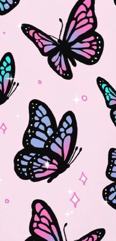 Colorful butterfly designs on a light pink background.