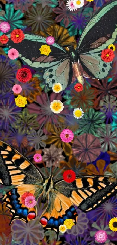 Vibrant wallpaper with colorful butterflies and floral patterns.