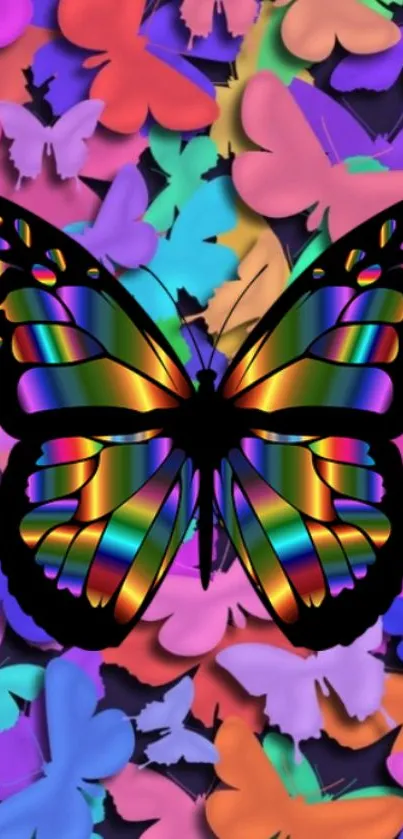 Colorful butterfly wallpaper with vibrant rainbow hues and black silhouette.