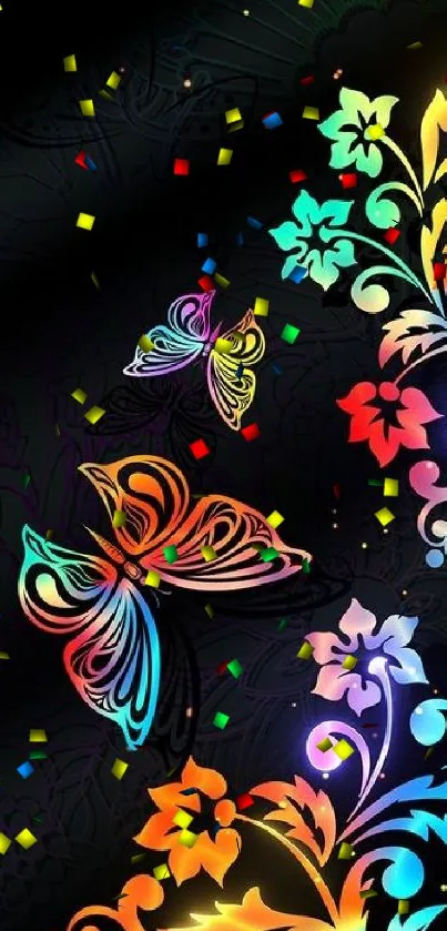 Colorful butterfly and floral design on a black mobile wallpaper.