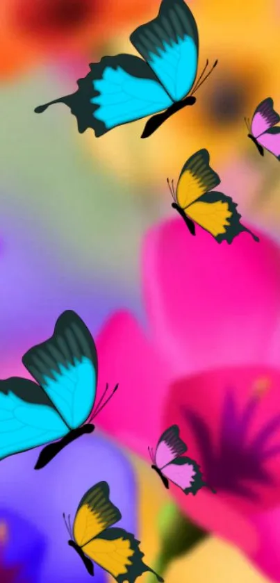 A vibrant wallpaper with colorful butterflies and floral background.