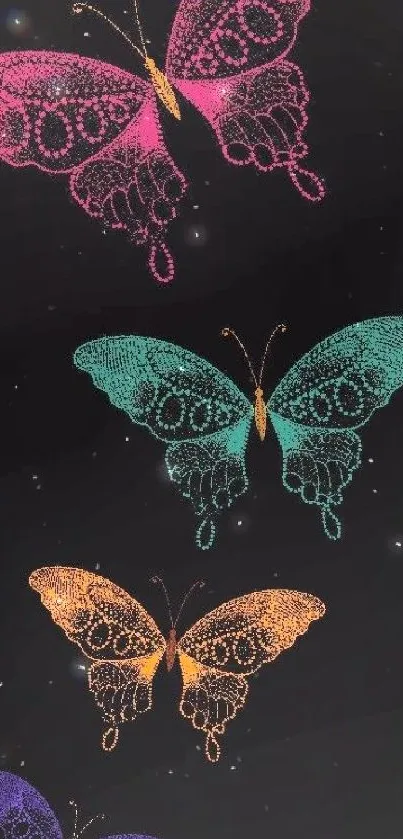 Illustration of colorful butterflies on a dark background wallpaper.