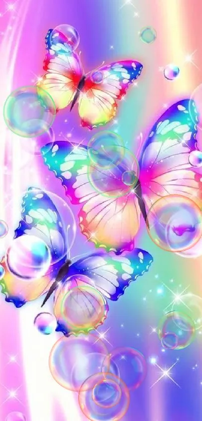 Colorful butterfly wallpaper with gradient and bubbles.