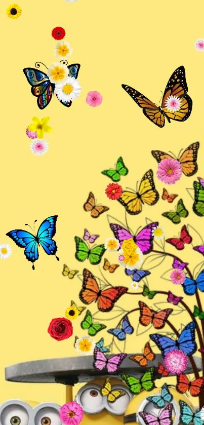 A yellow background with colorful butterflies and flowers.